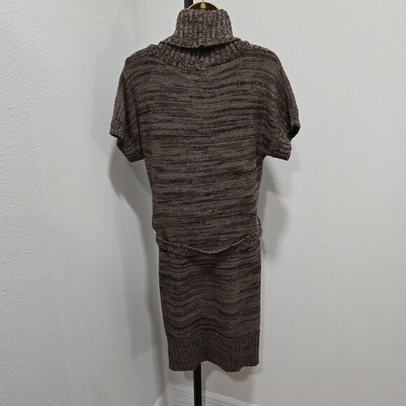 Brown Belted Cable Knit Funnel Cowl Neck Sweater Dress Womens Sz LP Short Sleeve - Picture 5 of 9